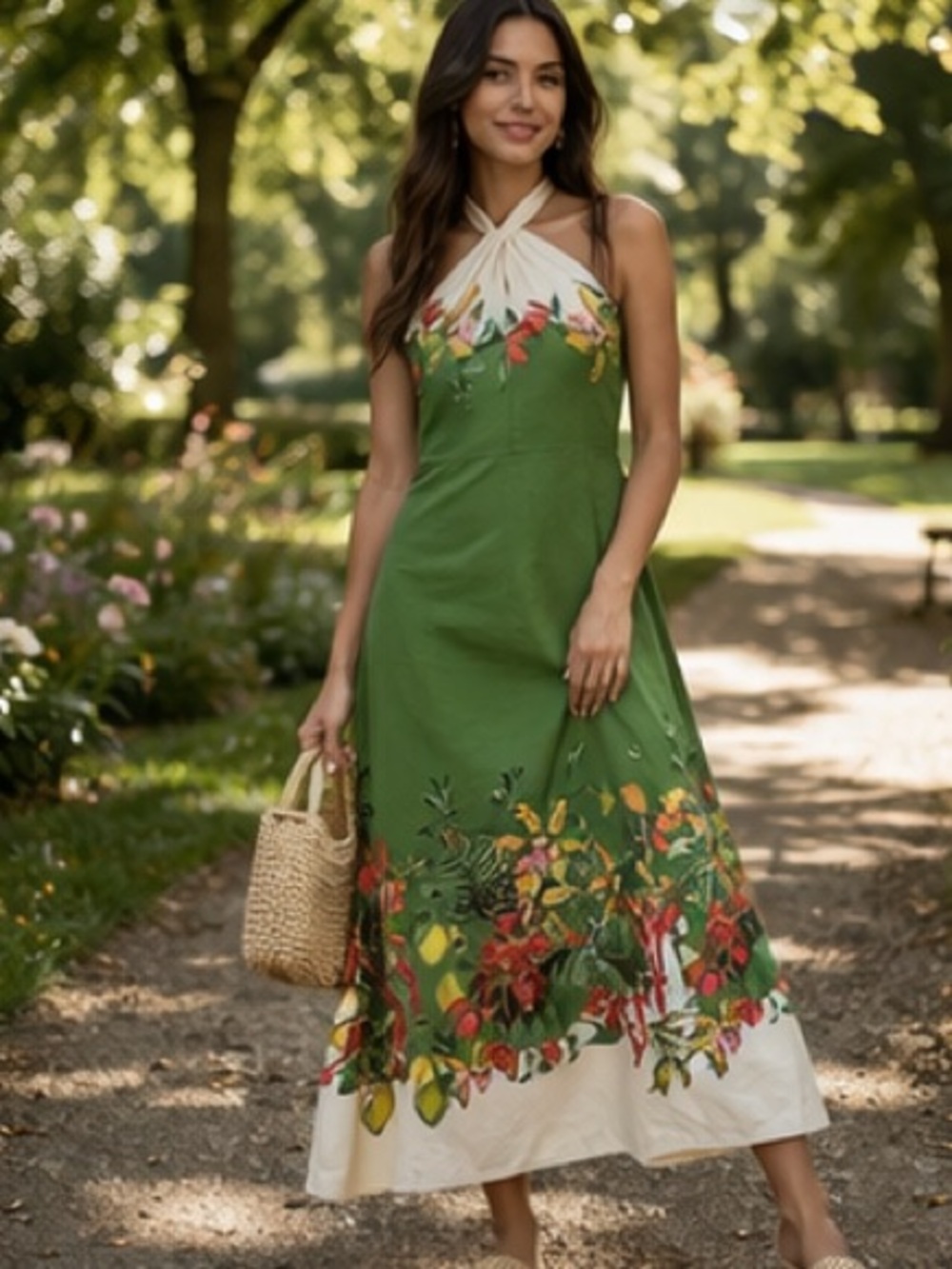 H&M Premium women's Linen-blend Green and Floral Midi Dress - Picture 4 of 15